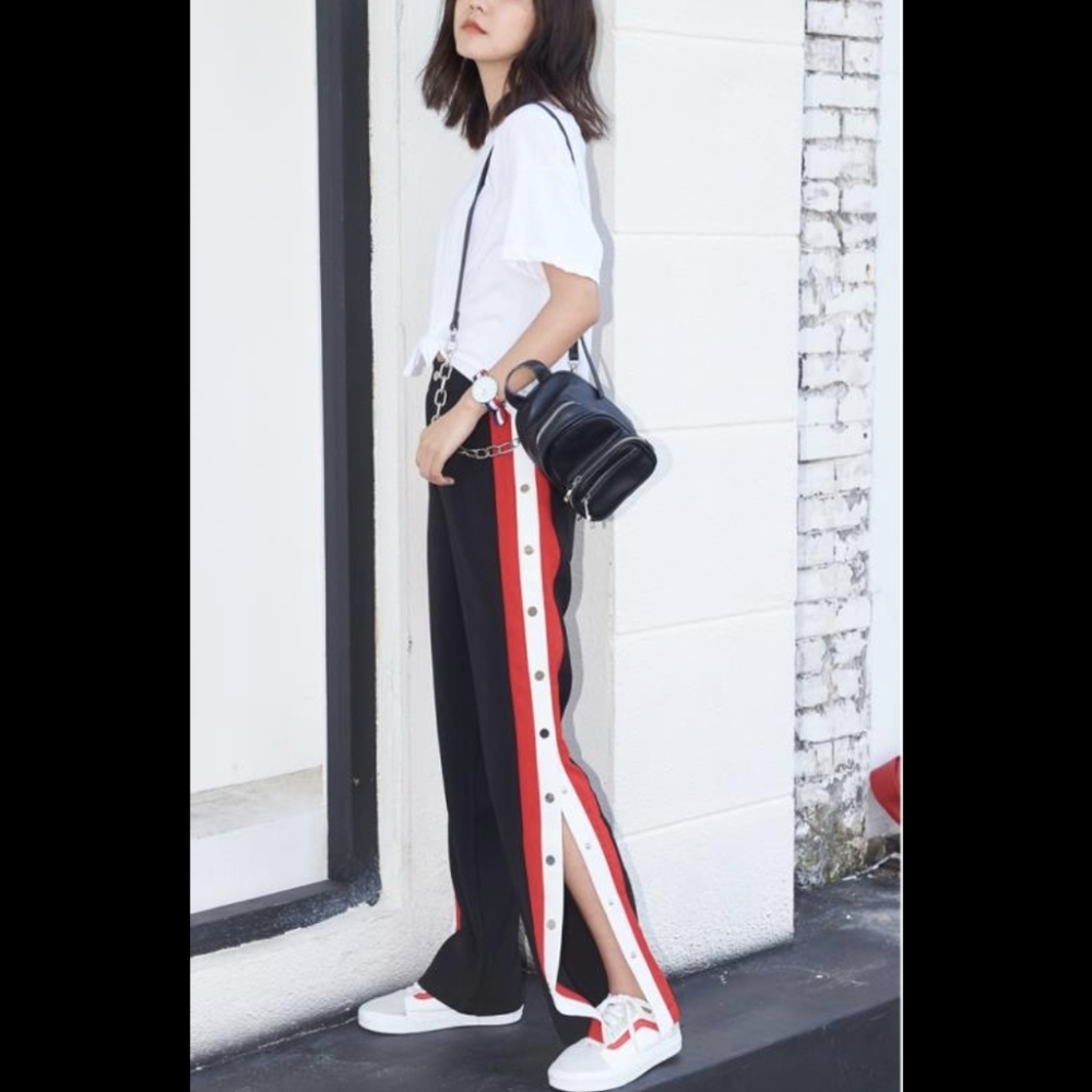 wide leg casual black pants trousers white x ted striped buttons. NWT. size S